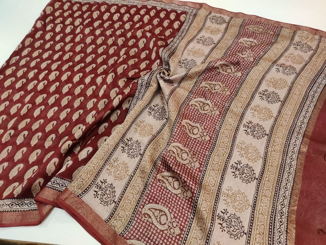 Maheshwari Maroon Bagh Print Saree