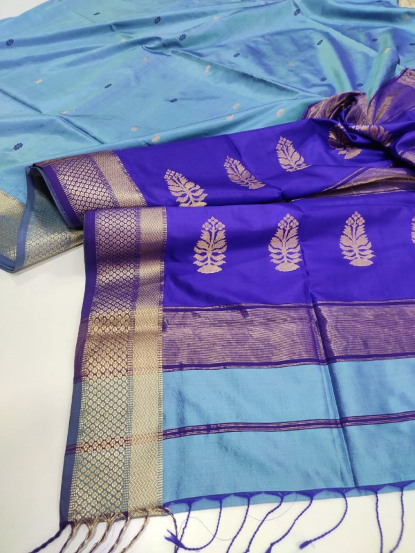 Maheshwari Blue Pure Silk Saree With Buta Buti Weaving