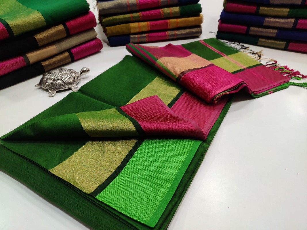 Maheshwari Green Jari Patta Multicolour Border saree