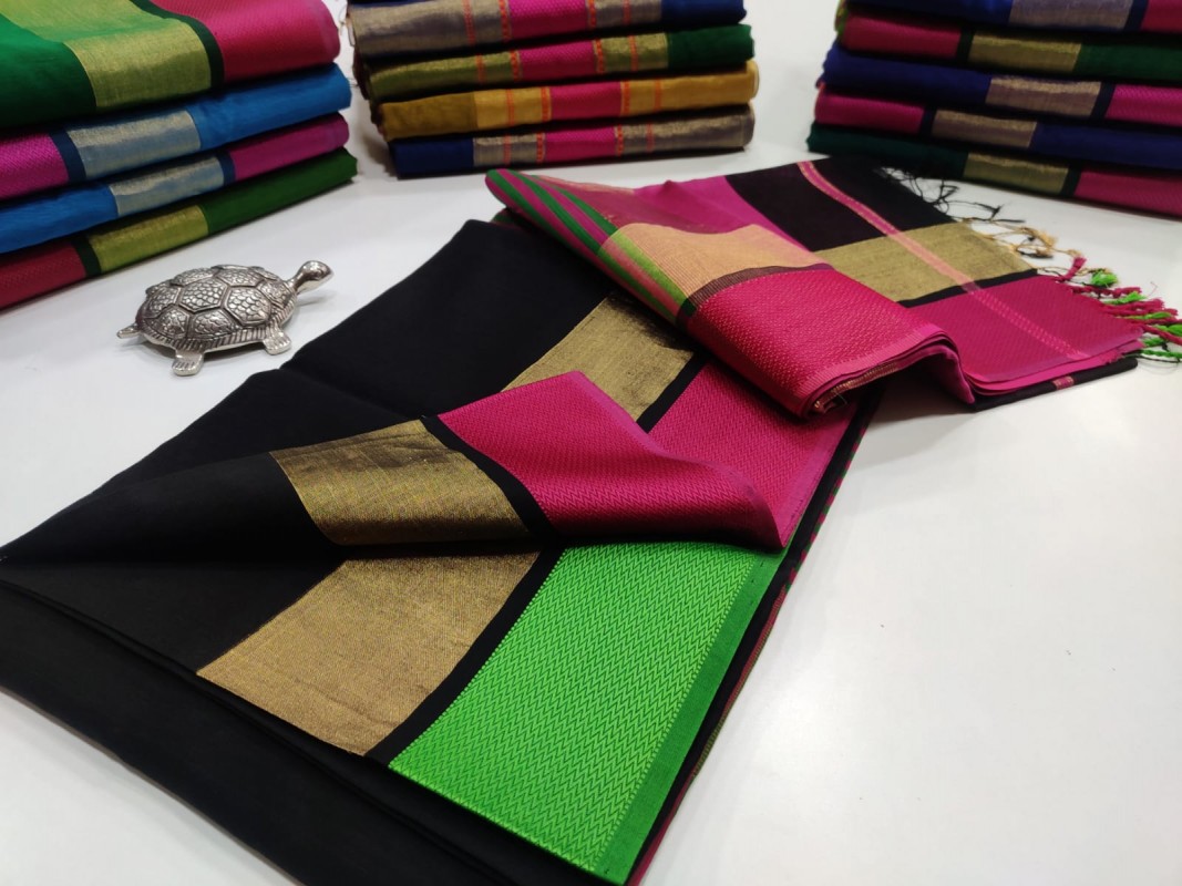 Maheshwari Black Jari Patta Multicolour Border saree