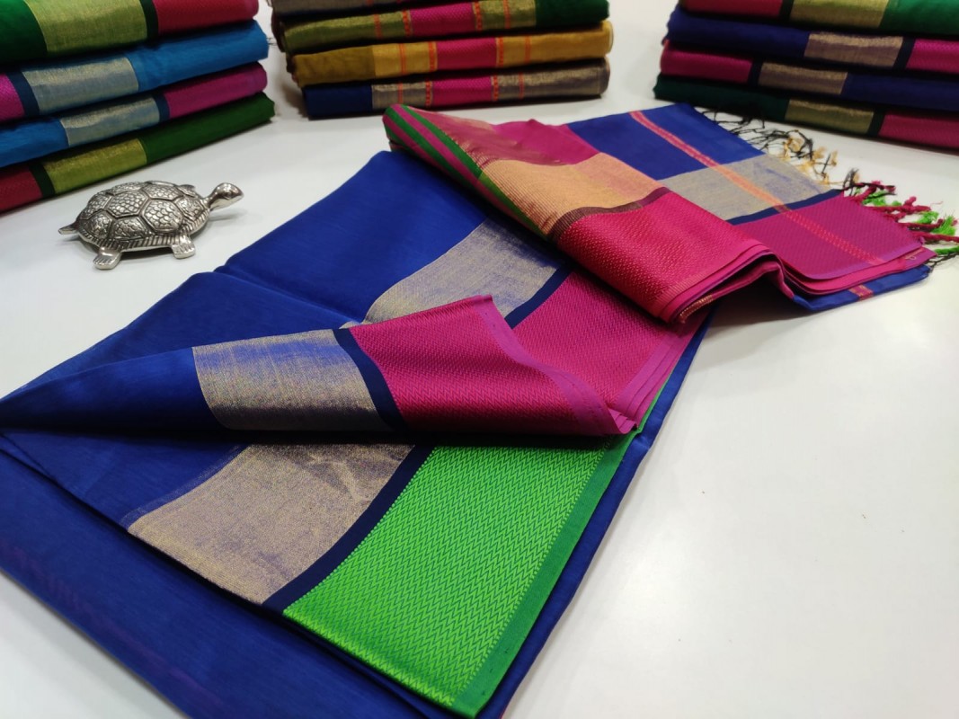 Maheshwari Blue Jari Patta Multicolour Border saree