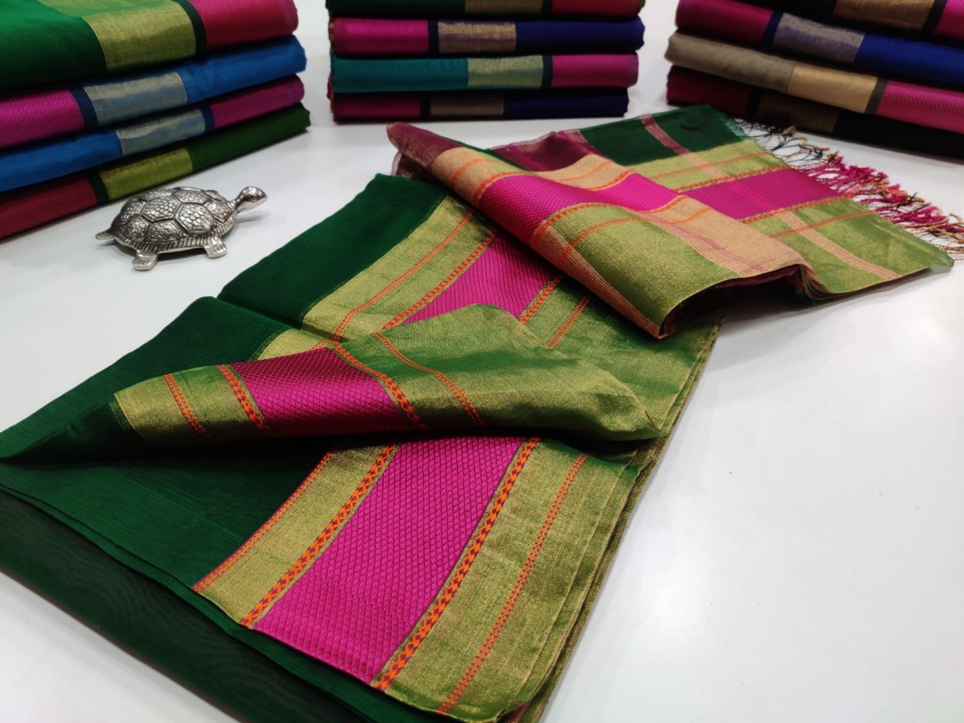 Maheshwari Rama Green Jari Patta Multicolour Border saree