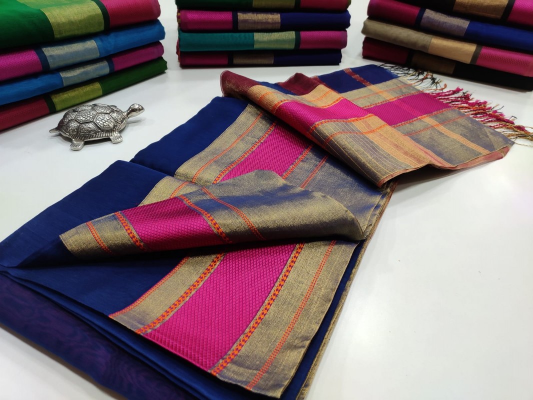 Maheshwari Blue Jari Patta Multicolour Border saree