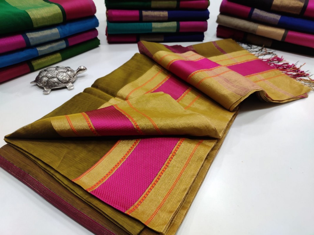 Maheshwari Mustard Yellow Jari Patta Multicolour Border saree