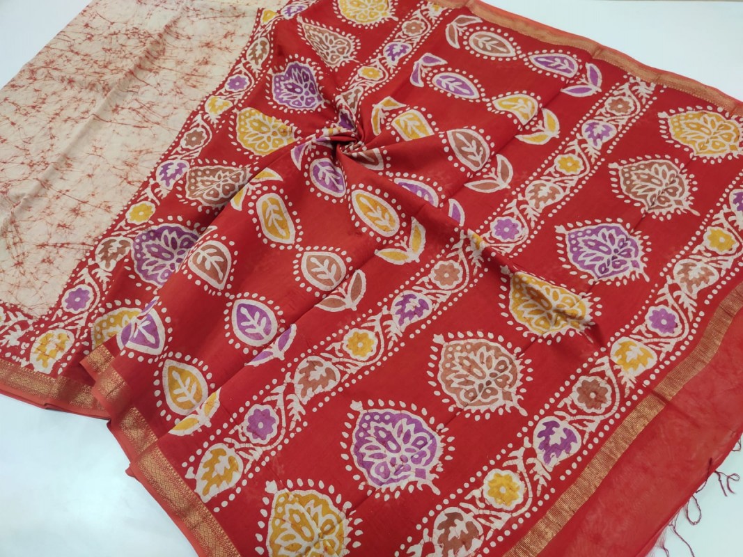 Maheshwari Red Batik Handblock Print Saree