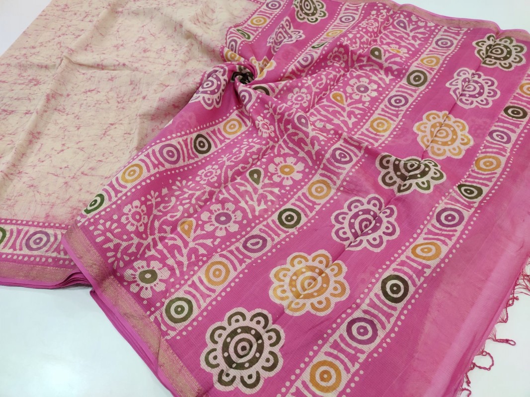 Maheshwari Pink Batik Handblock Print Saree
