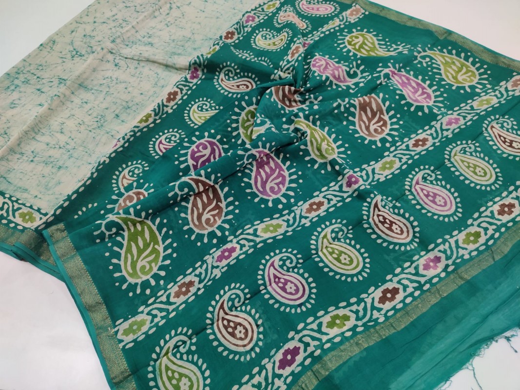 Maheshwari Green Batik Handblock Print Saree