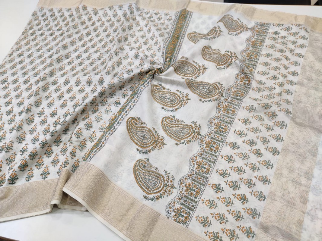 Maheshwari White Handblock Print Saree