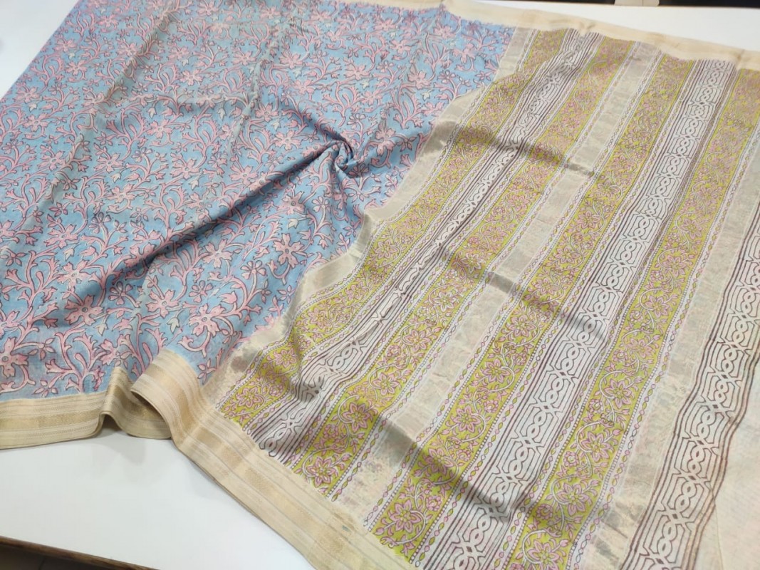 Maheshwari Firozi Blue Handblock Print Saree