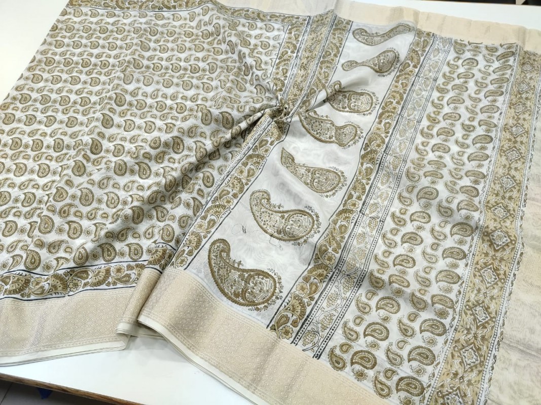 Maheshwari White Handblock Print Saree