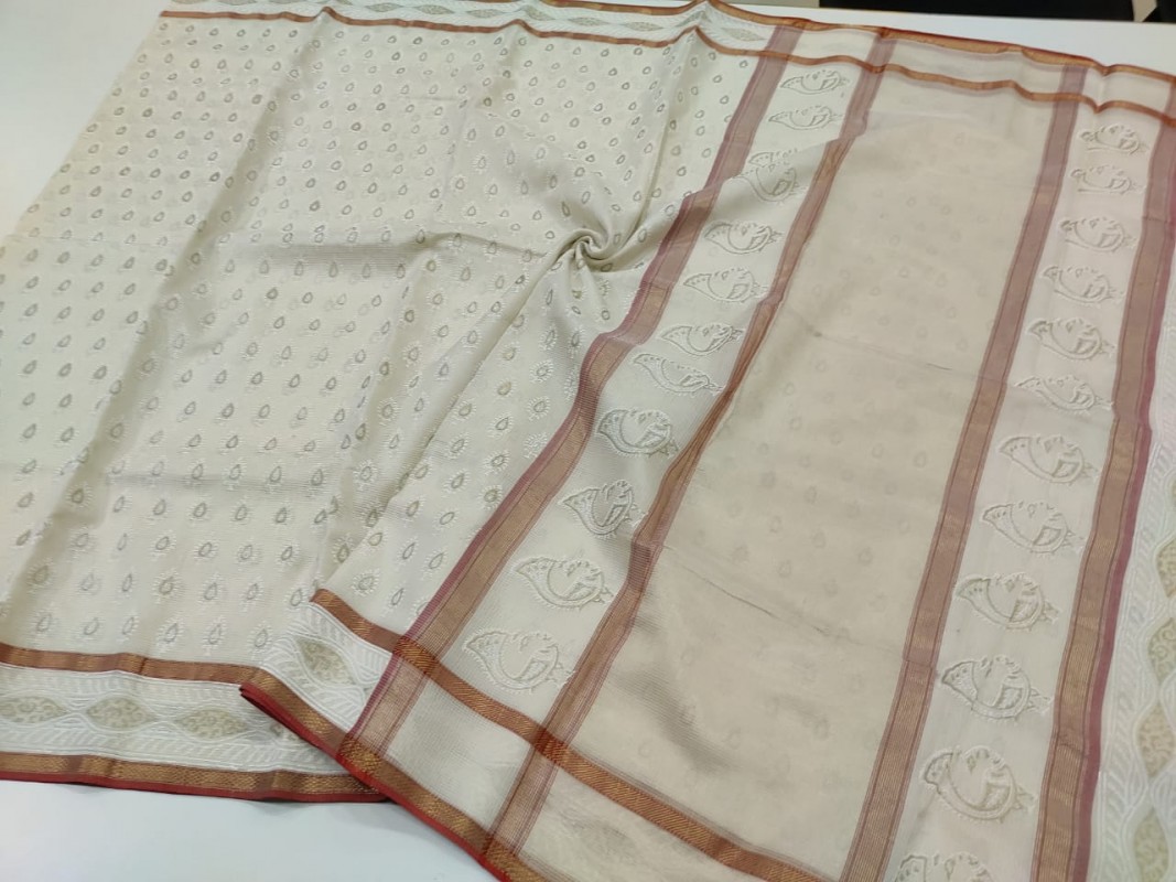 Maheshwari White Handblock Print Saree