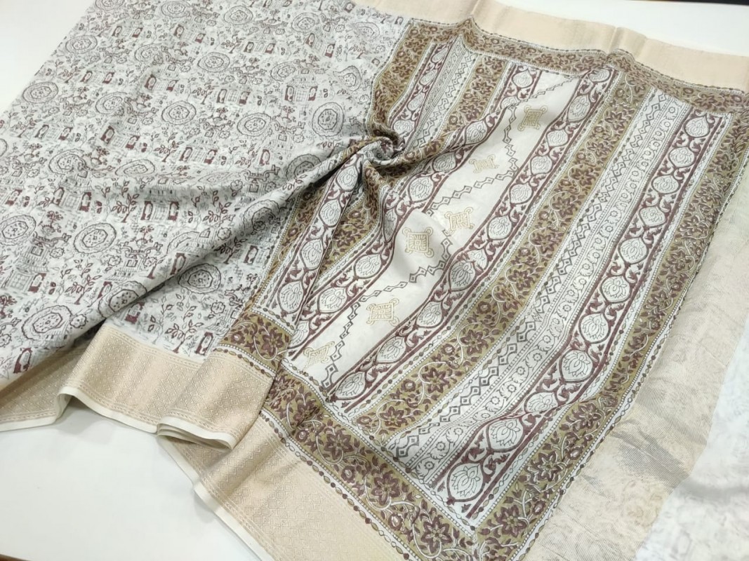 Maheshwari White Handblock Print Saree