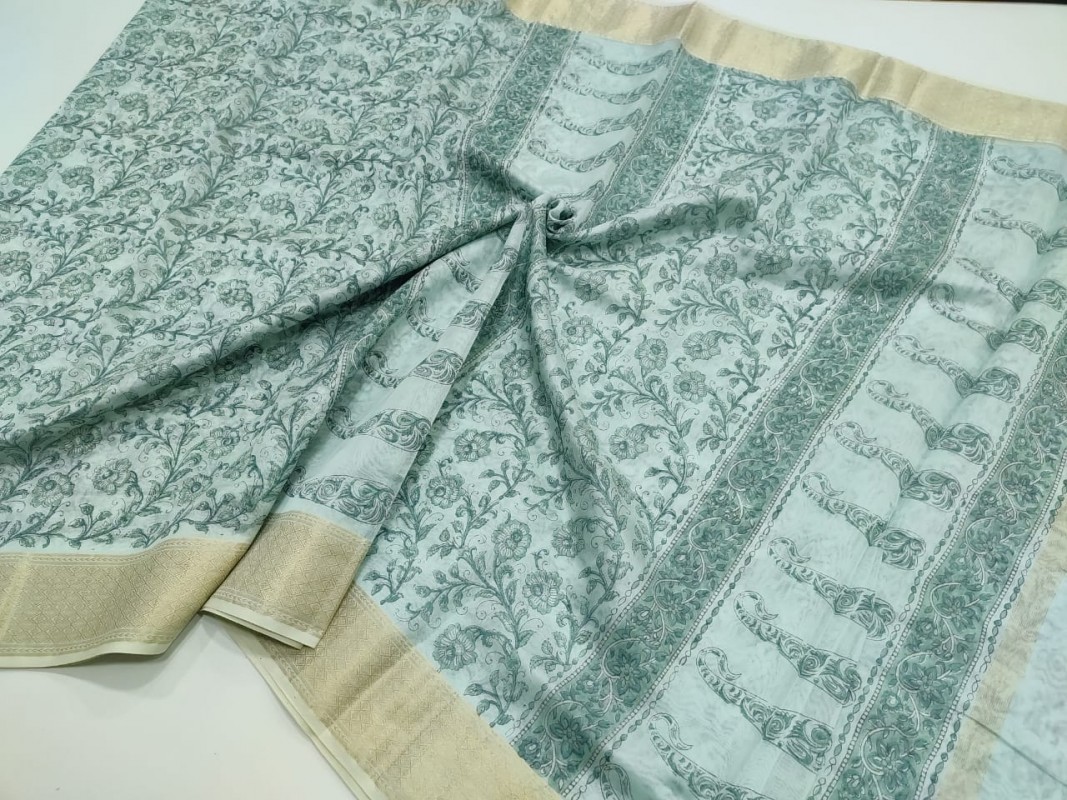 Maheshwari Pista Handblock Print Saree
