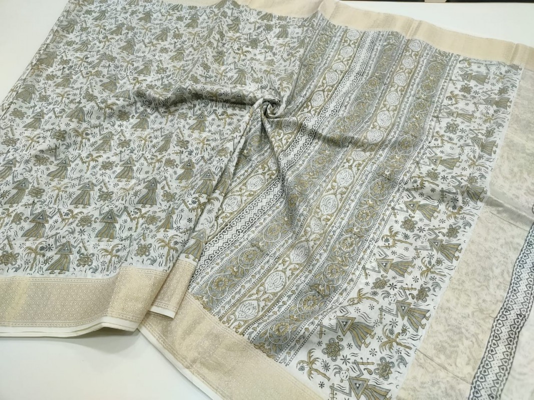 Maheshwari White Handblock Print Saree