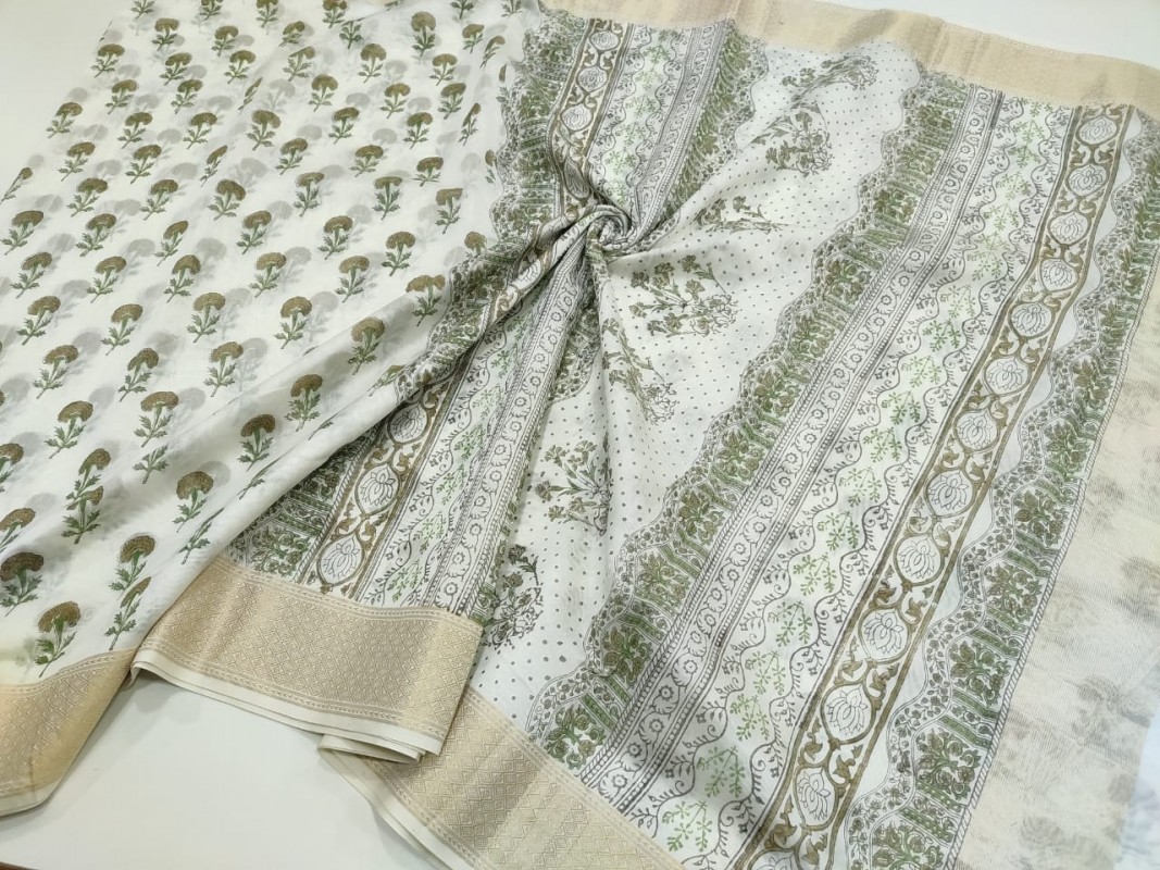 Maheshwari White Handblock Print Saree