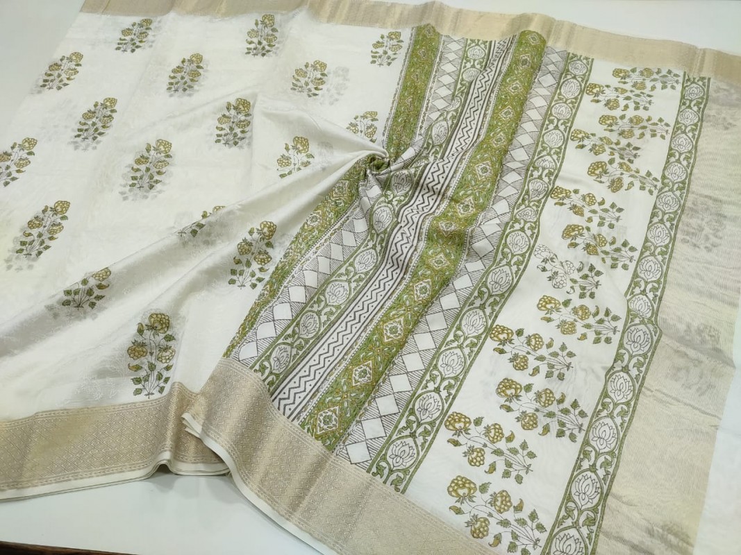 Maheshwari White Handblock Print Saree