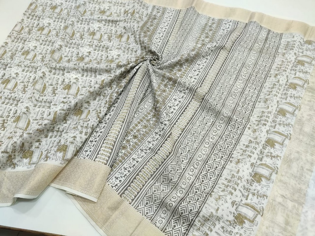 Maheshwari White Handblock Print Saree