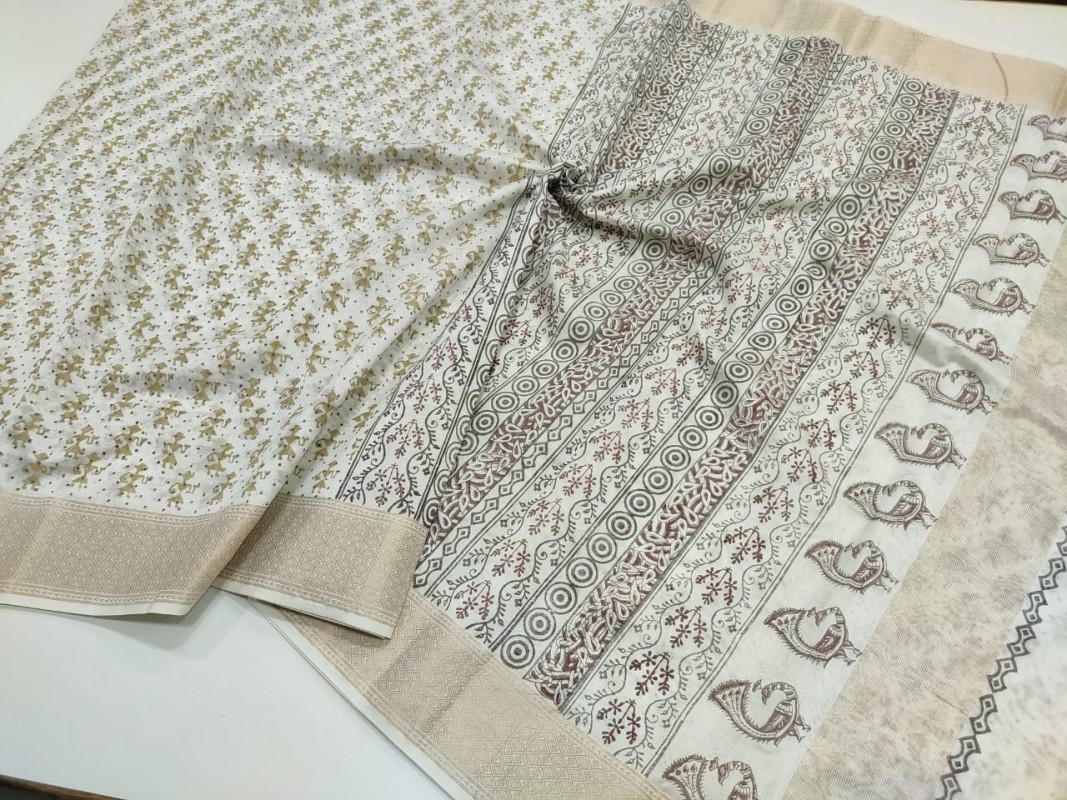 Maheshwari White Handblock Print Saree