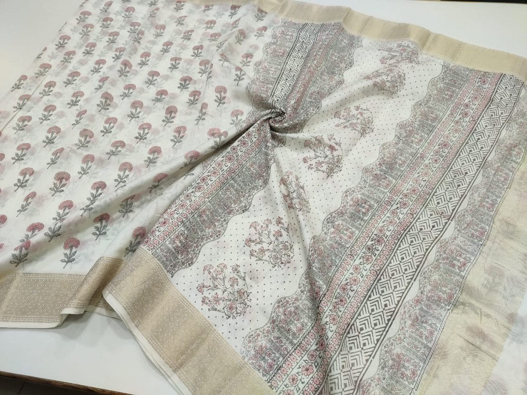 Maheshwari White Handblock Print Saree