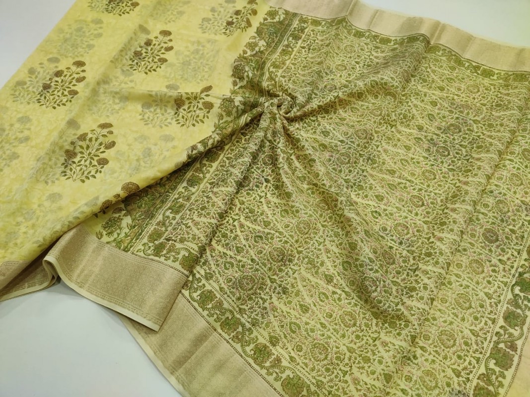 Maheshwari Yellow Handblock Print Saree