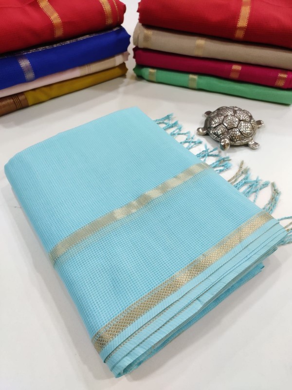 Maheshwari Sea Blue Self Checkered Body Saree