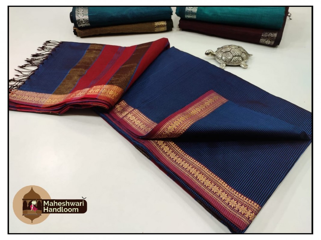 Maheshwari Blue Garbh Reshmi Silk Sarees with 75% Mulberry Silk