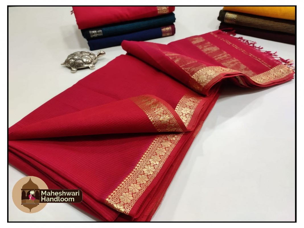 Maheshwari Red Garbh Reshmi Silk Sarees with 75% Mulberry Silk       